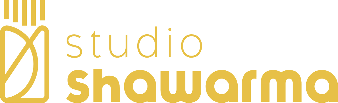 Studio Shawarma logo with stylized shawarma wrap icon and text in gold.