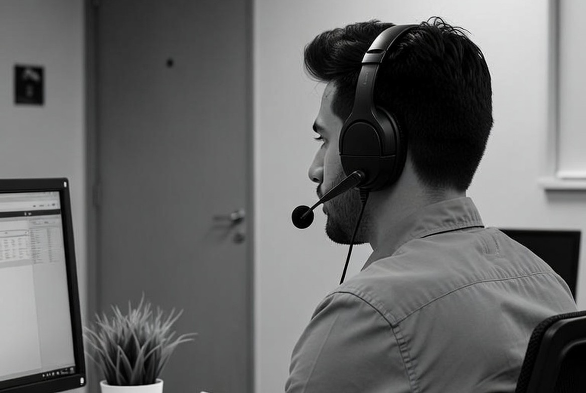 Service desk worker wearing a headset taking a call at a computer