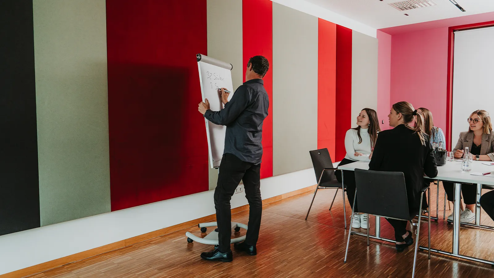 Ein Coach am Flipchart während einer kleinen Firmensitzung im Raum Calluna. Das akustikoptimierte Wanddesign sorgt für eine ruhige und fokussierte Arbeitsatmosphäre.