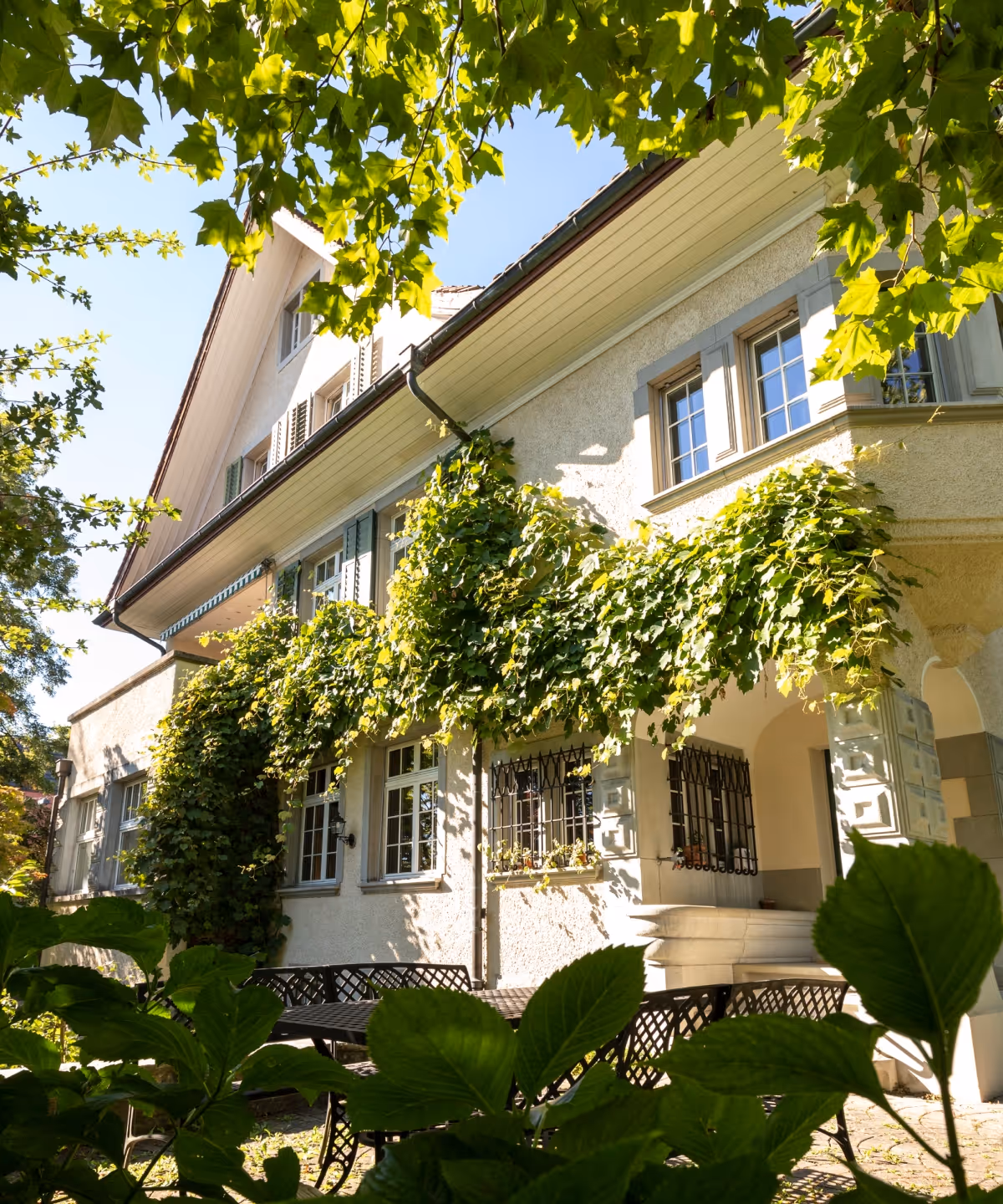 Haus mit Efeu an der Fassade und Gartenmöbeln im Vordergrund bei sonnigem Himmel.