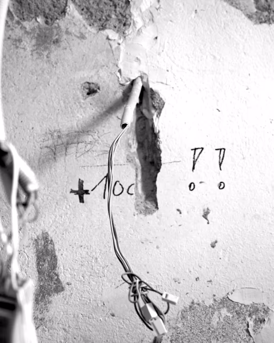 Isolierte Kabel hängen aus beschädigter Wand mit handgeschriebenen Zeichen und Pluszeichen.