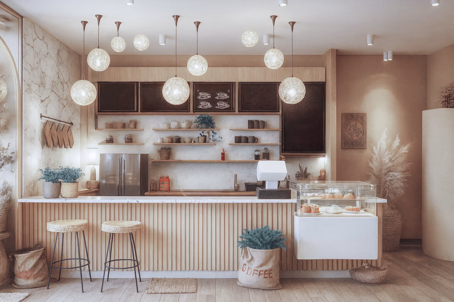 Visualisierung eines Cafes im Holzmarkt 51. Gemütliche Atmosphäre und hellen, beigen Wandfarben.