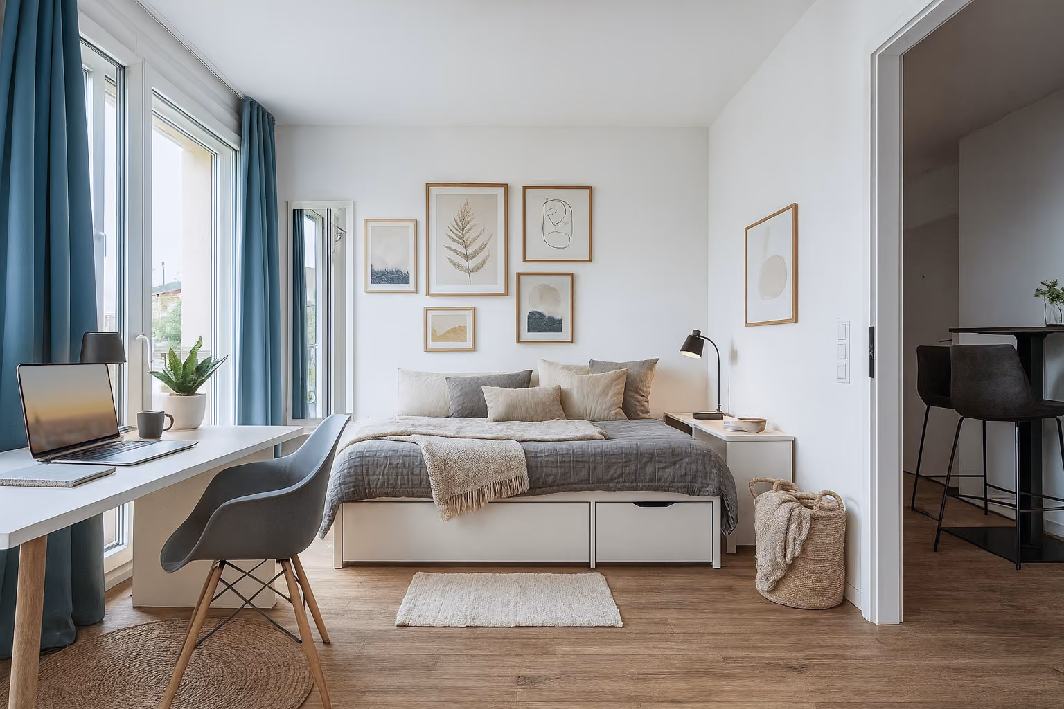 Ein eingerichtetes, helles Zimmer des Gebäudes Holzmarkt 51 das Gemütlichkeit ausstrahlt