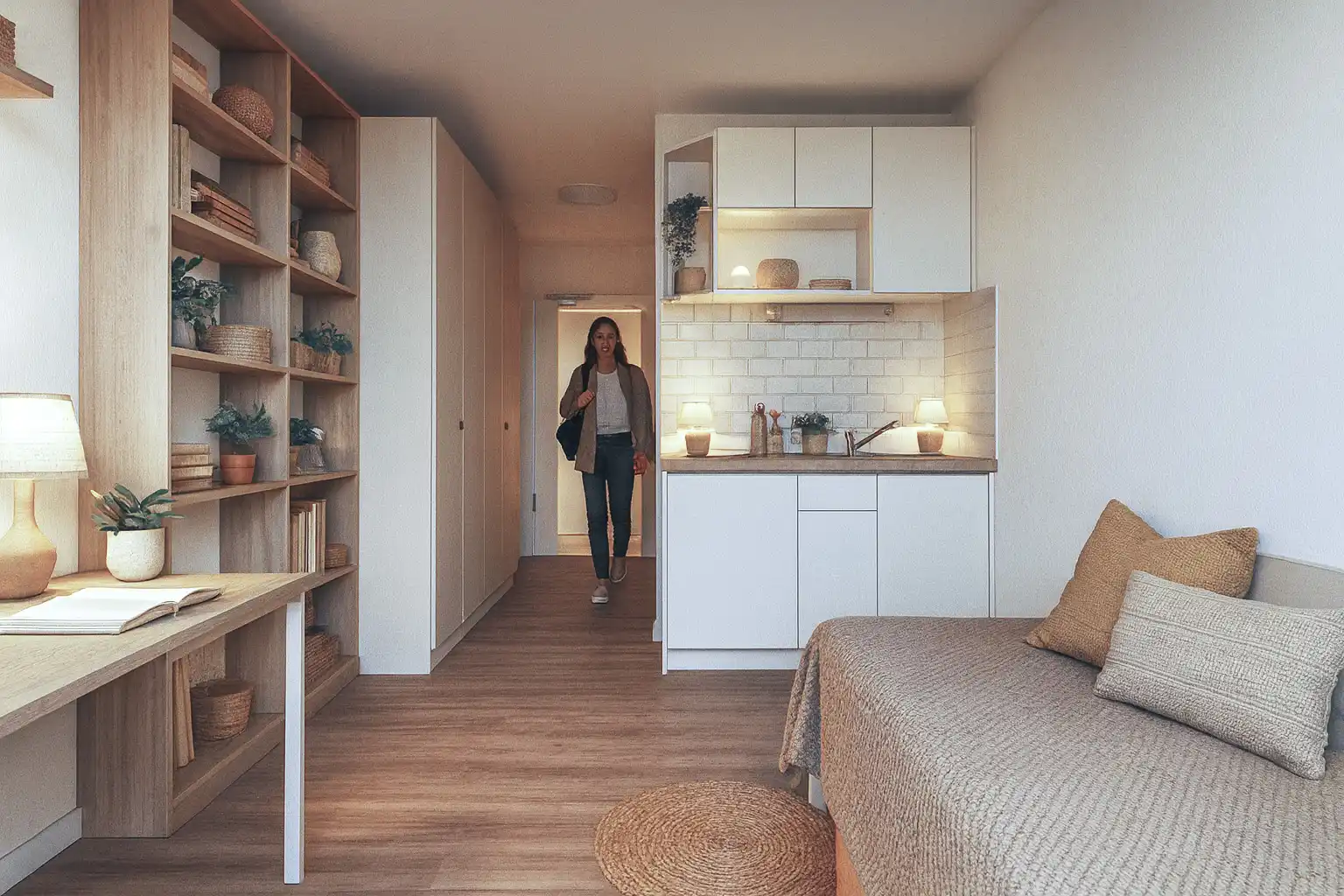 Ein eingerichtetes, helles Zimmer des Gebäudes Holzmarkt 51 das Gemütlichkeit ausstrahlt