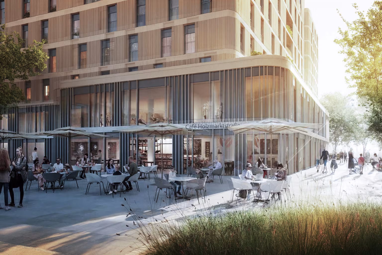 Visualisierung des Cafes im Gebäude Holzmarkt 51 bei sonnigem Wetter
