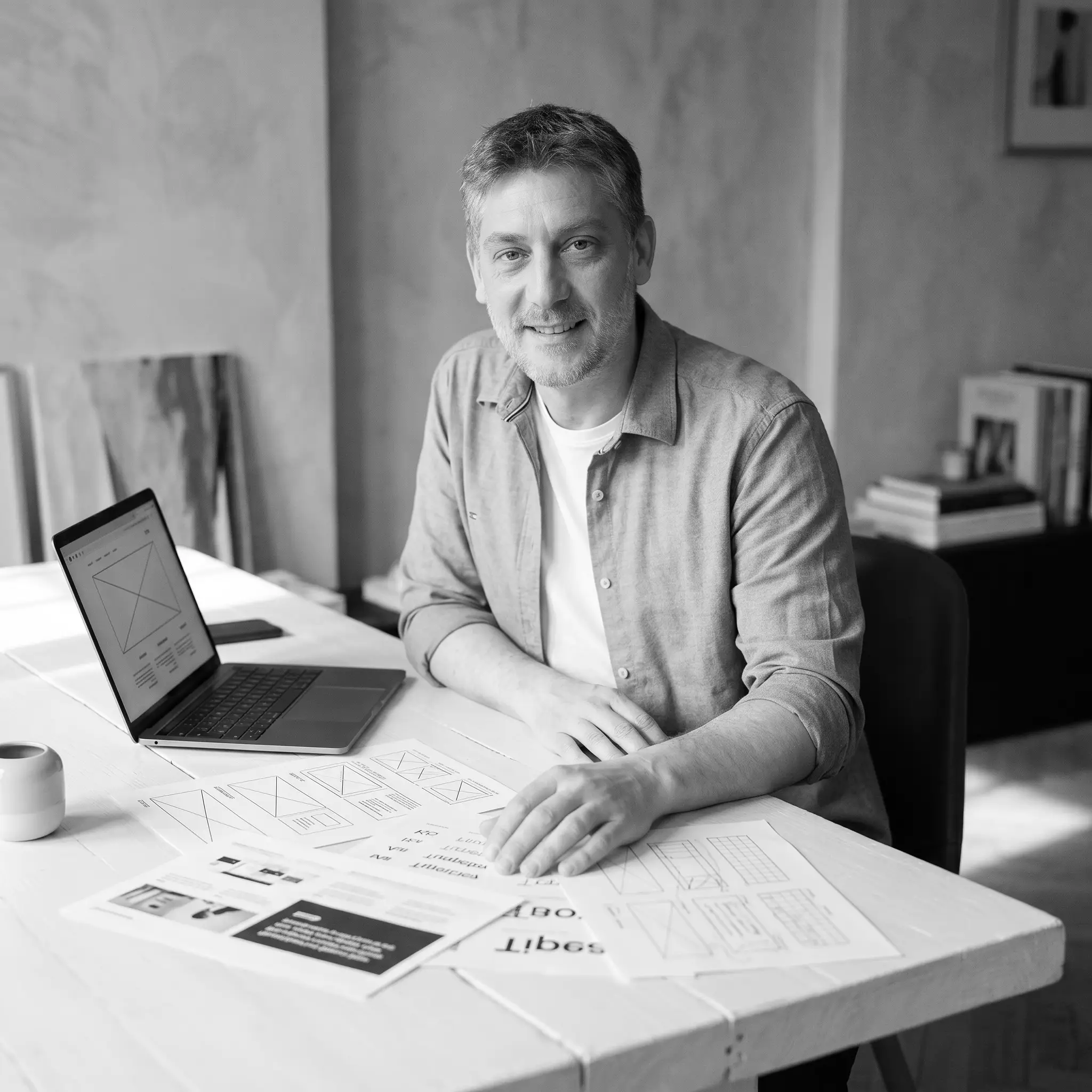 Christoph Schmitt sitzt an einem Arbeitstisch mit Laptop und Website-Skizzen als persönliches Portrait für die About-Seite.