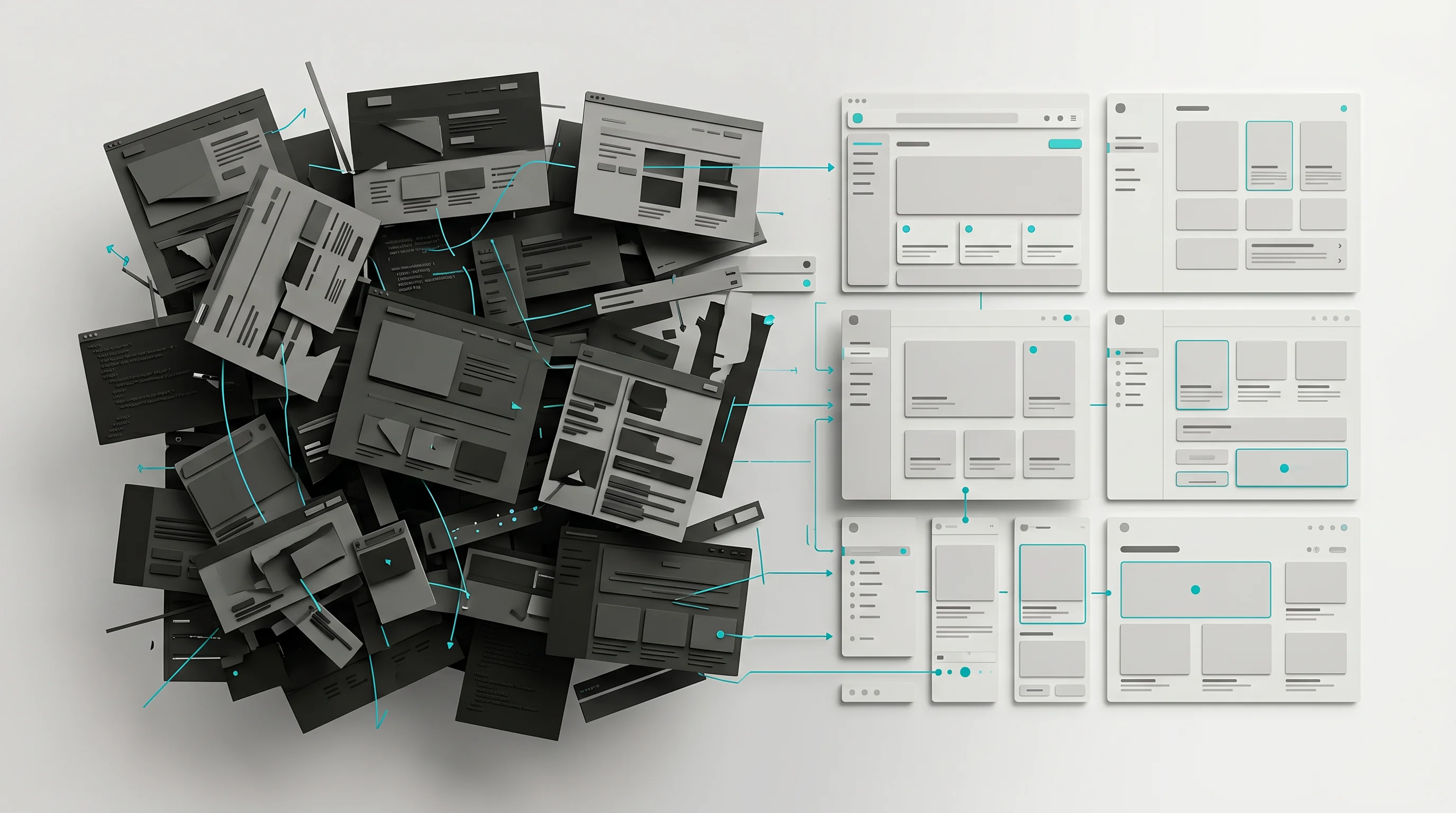 Ungeordnete Website-Elemente, die in klare Interface-Layouts überführt werden, als Symbol für einen strategischen Website-Relaunch.