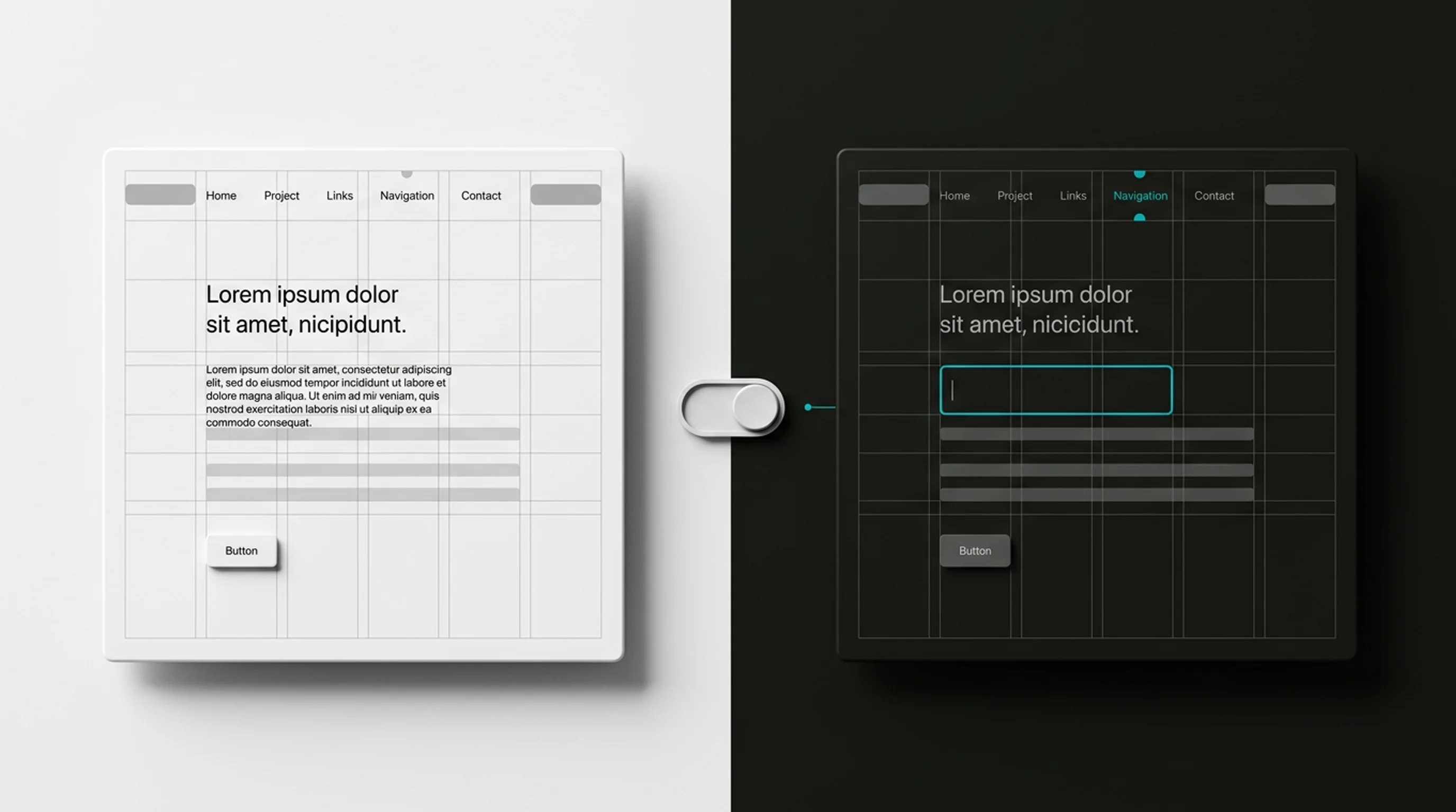 Abstrakte Light- und Dark-Mode-Interfaces mit Cyan-Akzent als Symbol für Kontrast, Lesbarkeit und bewusste UX-Entscheidungen.