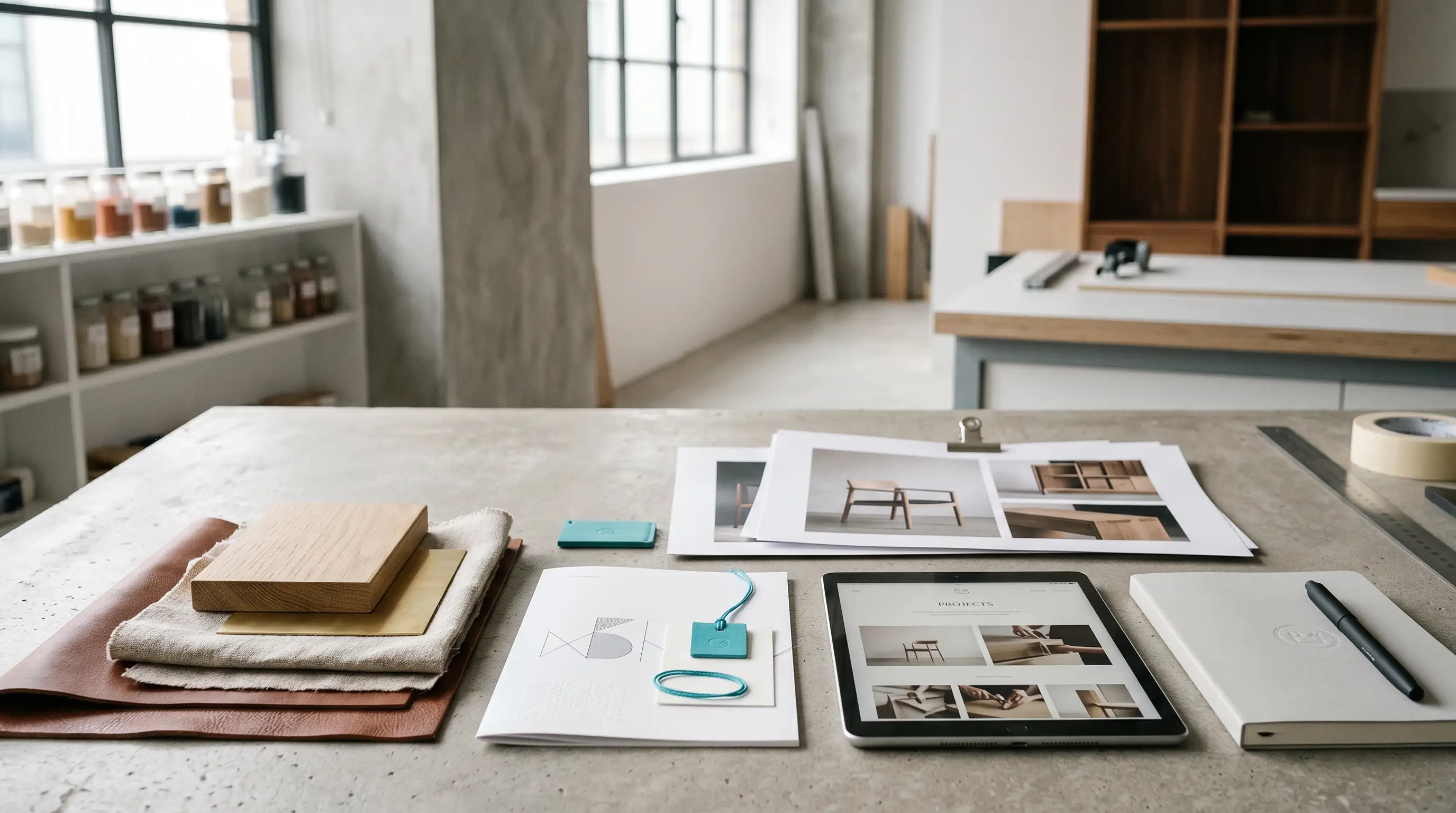 Materialmuster, Projektfotos und Markenunterlagen als Symbol für einen Handwerksbetrieb mit klarer, wiedererkennbarer Außenwirkung.