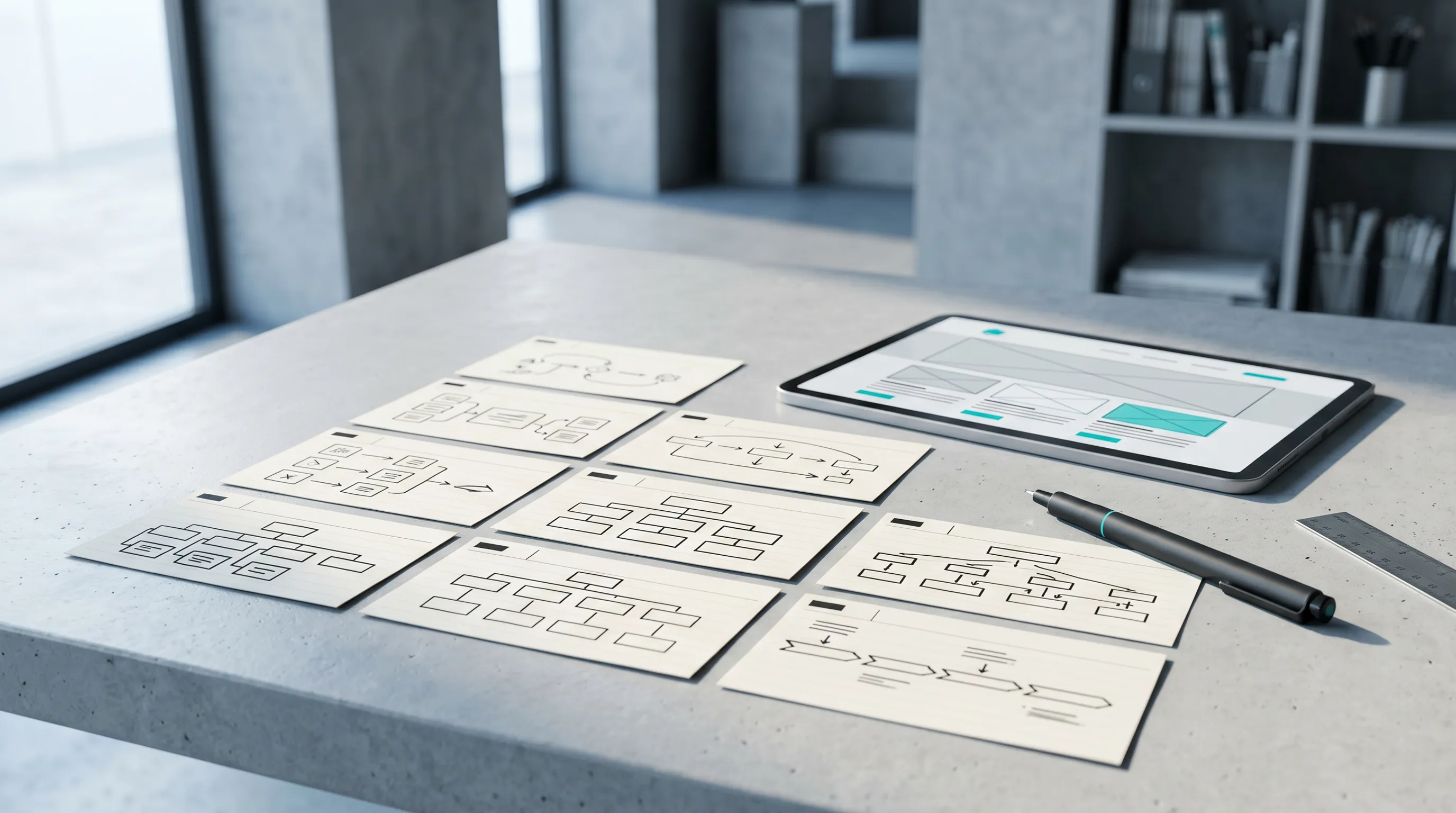 Strukturierte Karten, Skizzen und Präsentationslayout als Symbol dafür, komplexe Arbeit verständlich zu erklären.