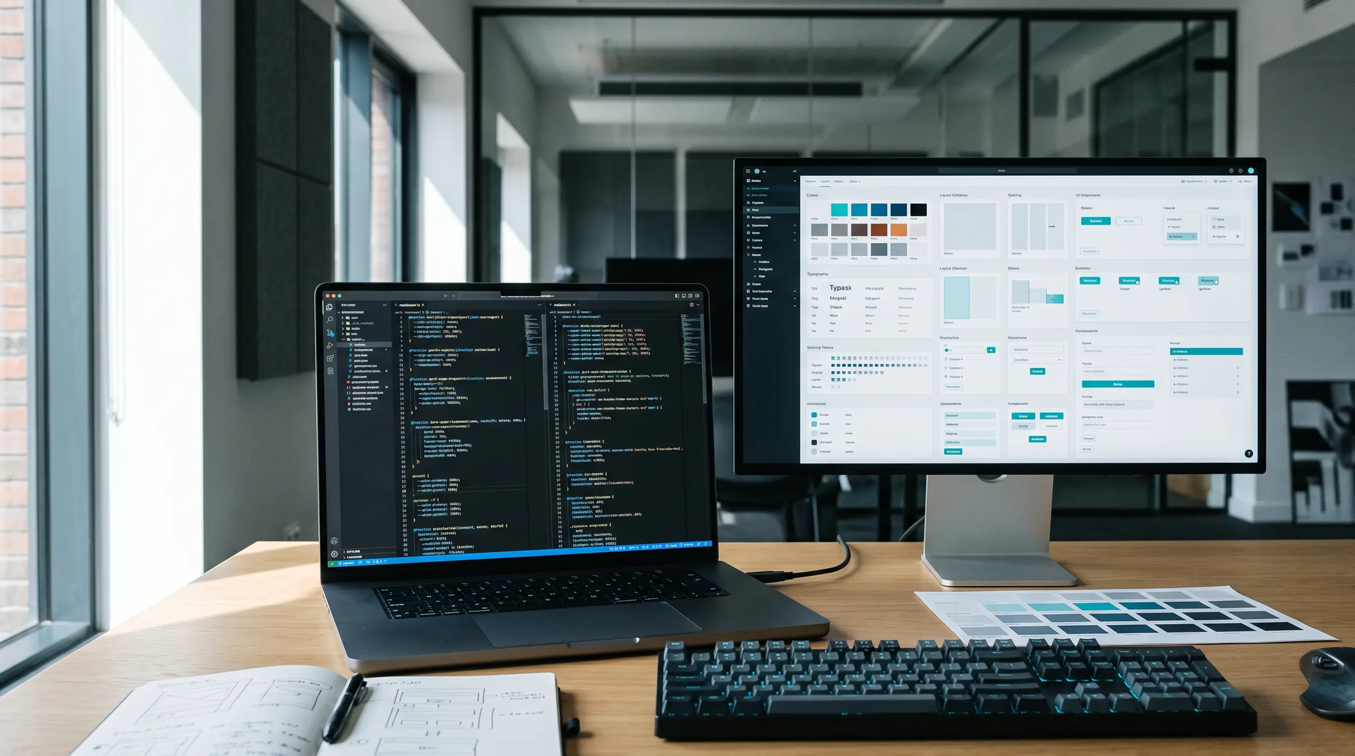 Abstraktes Code-Interface mit Design-Tokens, Variablen und Theme-Elementen als Symbol für dynamisches CSS und zukünftige Styling-Systeme.