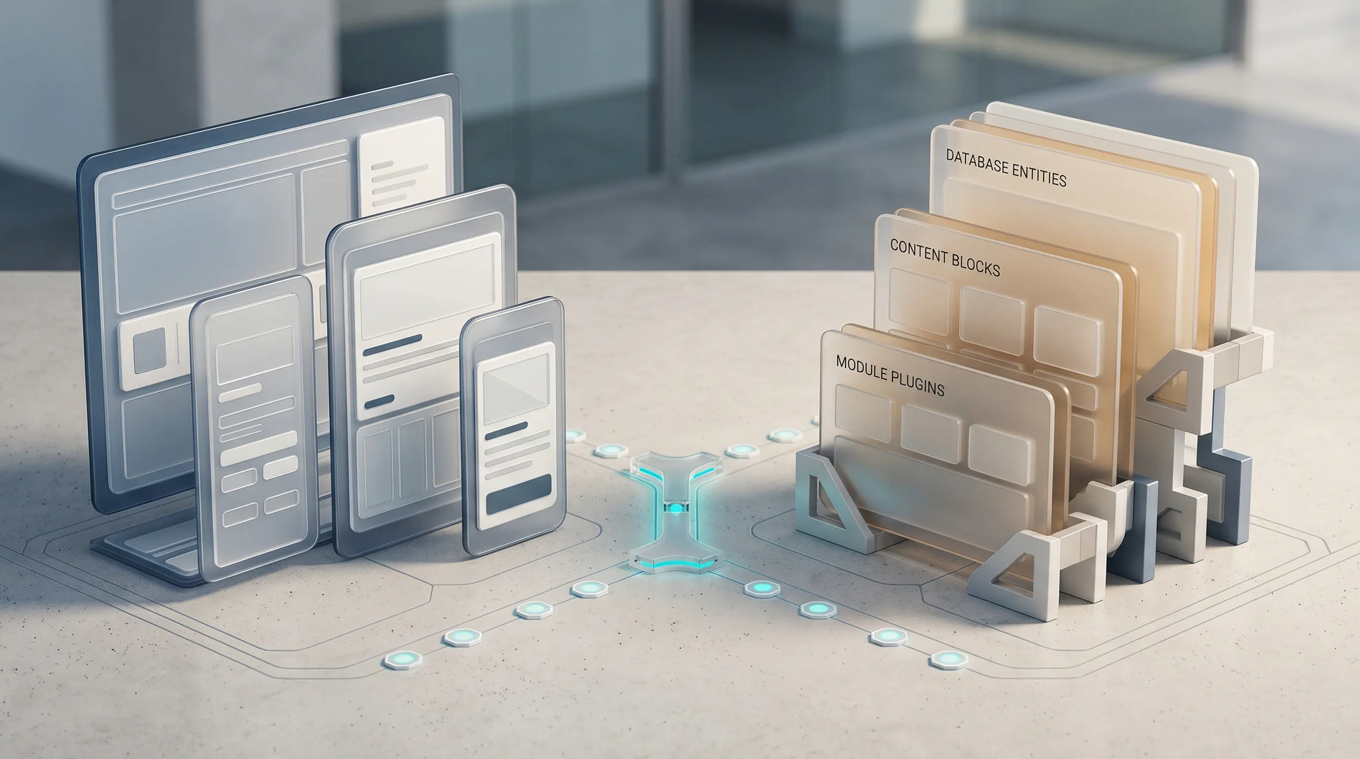 Zwei gegenüberliegende digitale Systeme mit Verbindungselementen als Symbol für die Wahl zwischen Webflow und WordPress je nach Projektanforderung.