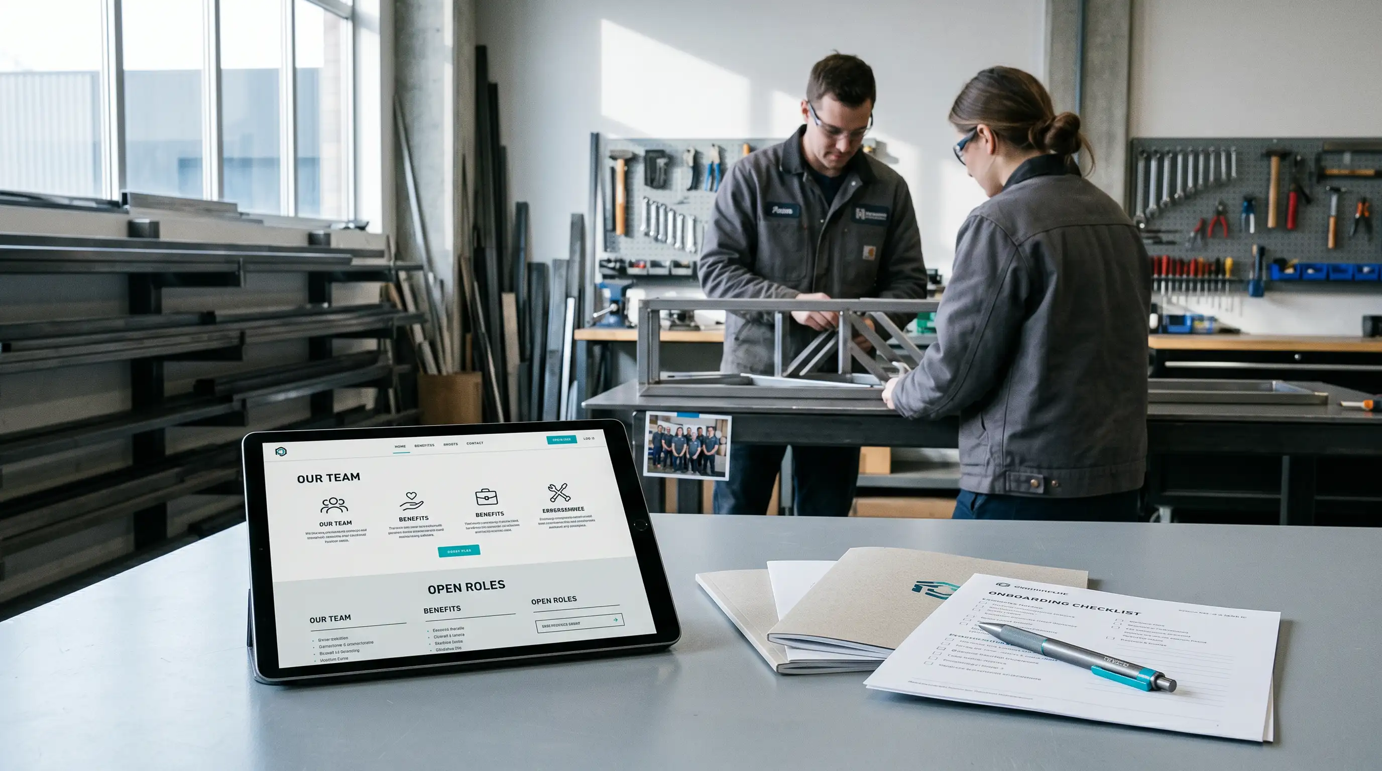 Smartphone mit abstrakter Karriereseite, Bewerbungsunterlagen und Werkstattdetails als Symbol für den ersten Eindruck bei potenziellen Fachkräften.