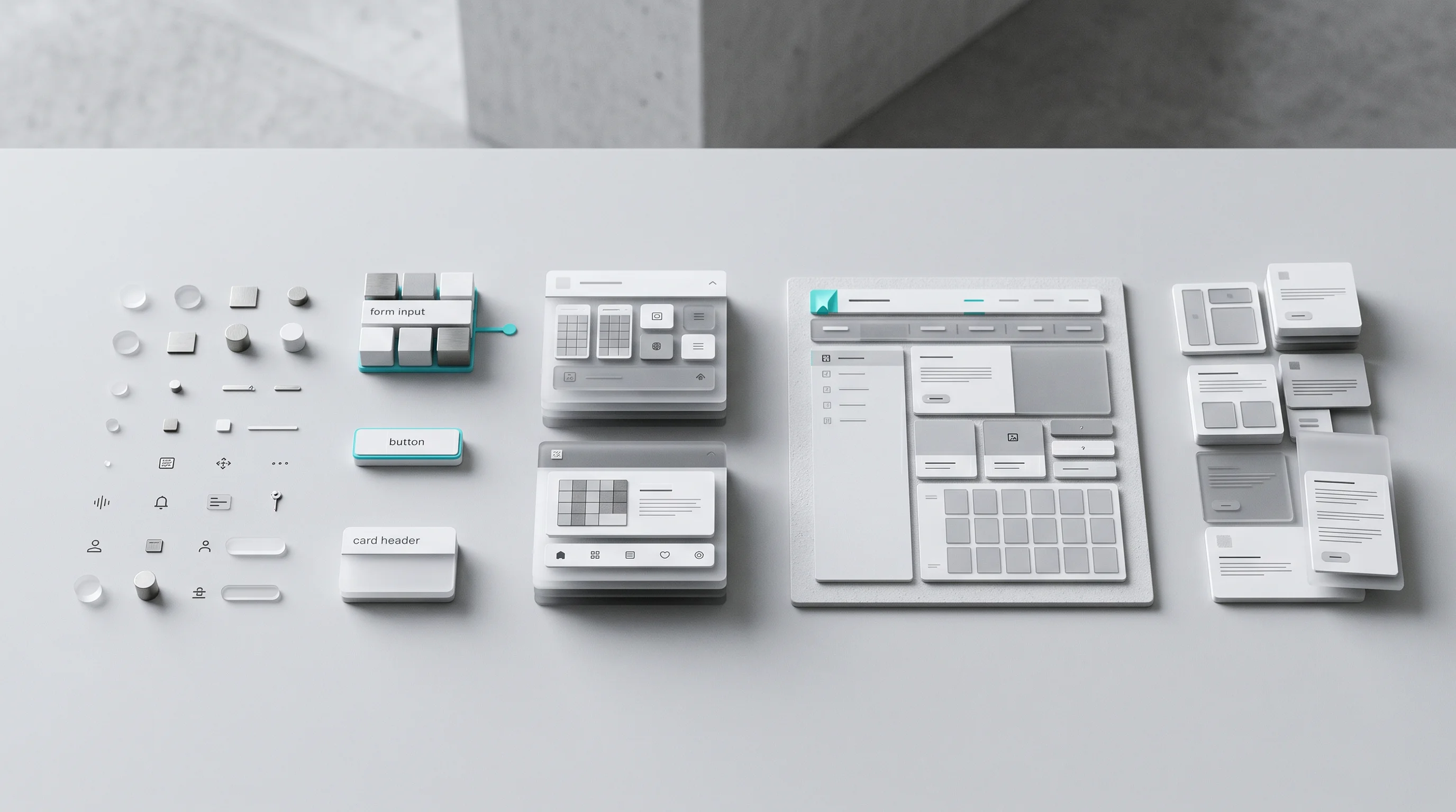 Modulare Bausteine und Interface-Elemente als Symbol für Atomic Design, wiederverwendbare Komponenten und die Grenzen starrer Systeme.