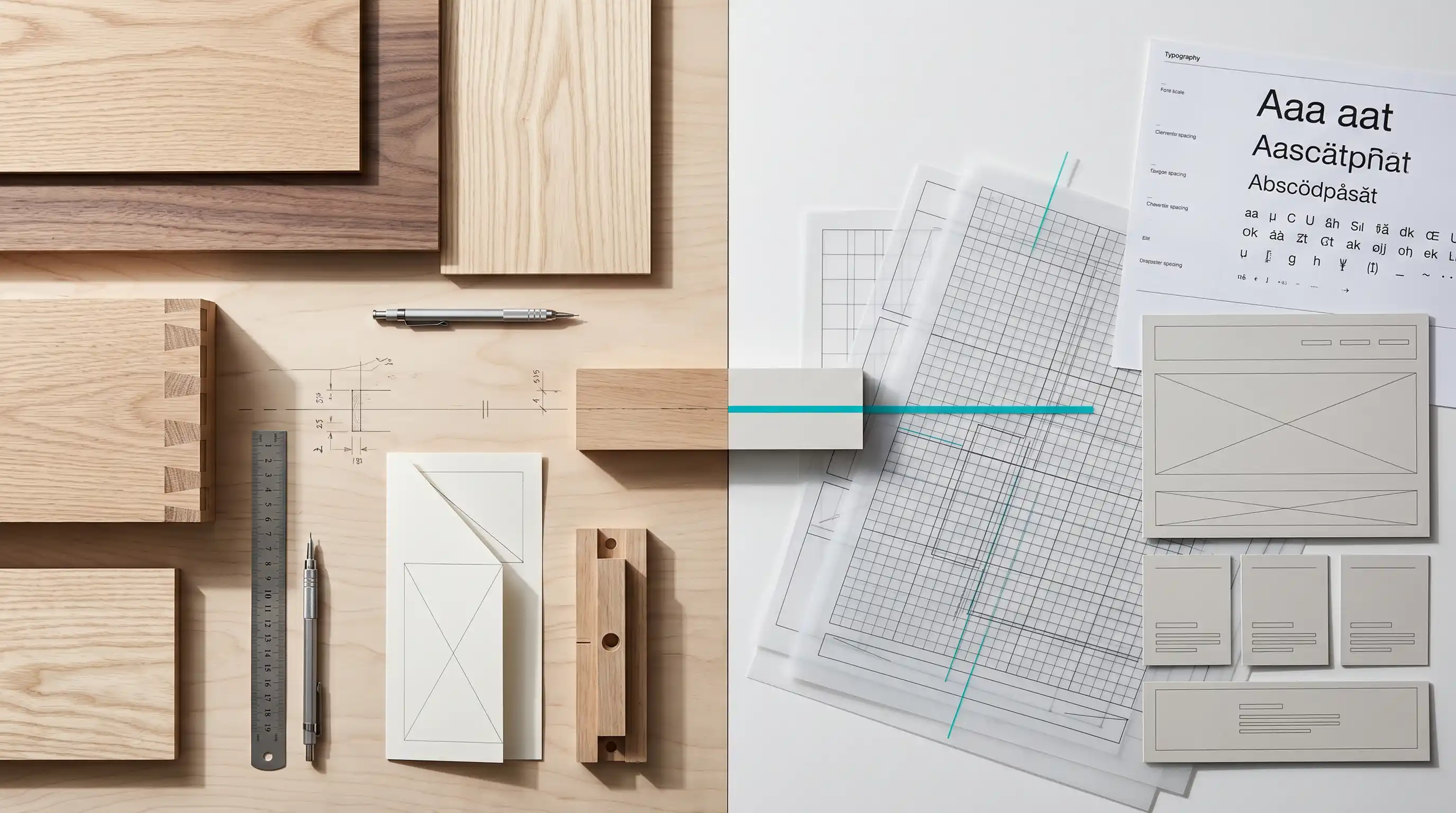 Präzise Materialdetails, Website-Skizzen und Rasterelemente als Verbindung zwischen handwerklicher Sorgfalt und durchdachtem Webdesign.