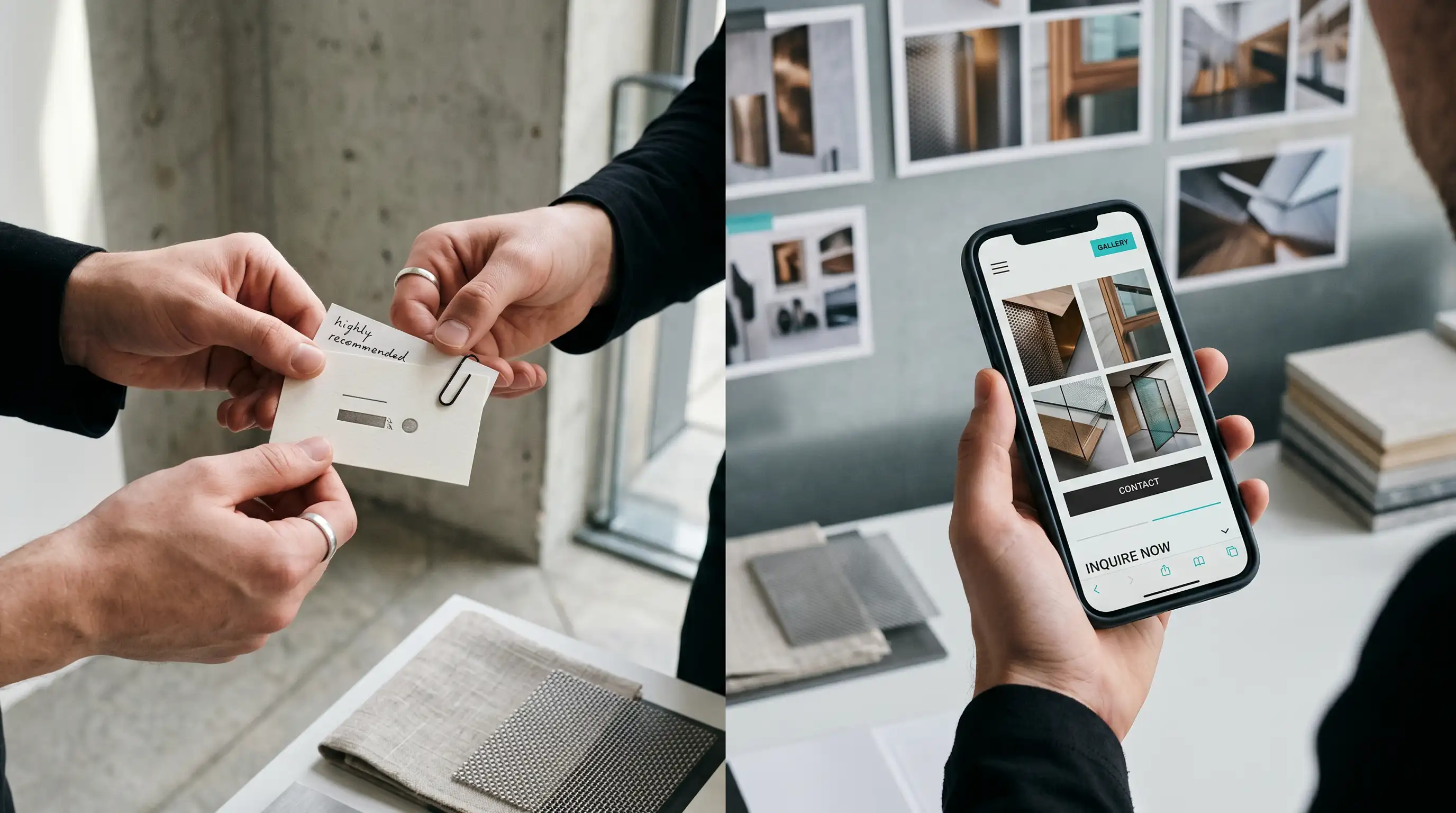 Empfehlungskarte, Smartphone mit abstrakter Website und Projektmaterialien als Symbol dafür, wie Mundpropaganda online Vertrauen und Anfragen unterstützt.