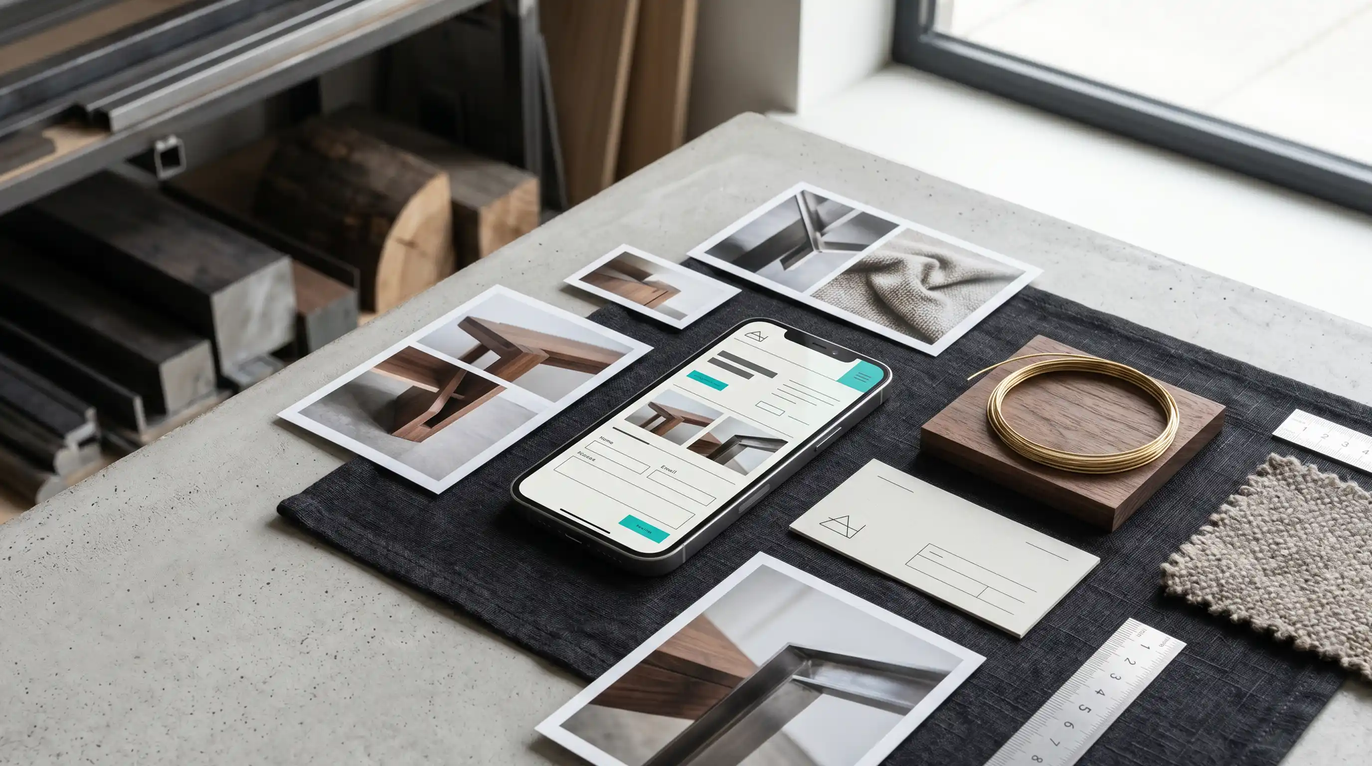 Smartphone mit abstrakter Handwerker-Website, Projektbildern und Kontaktkarte als Symbol für den ersten professionellen Online-Eindruck.