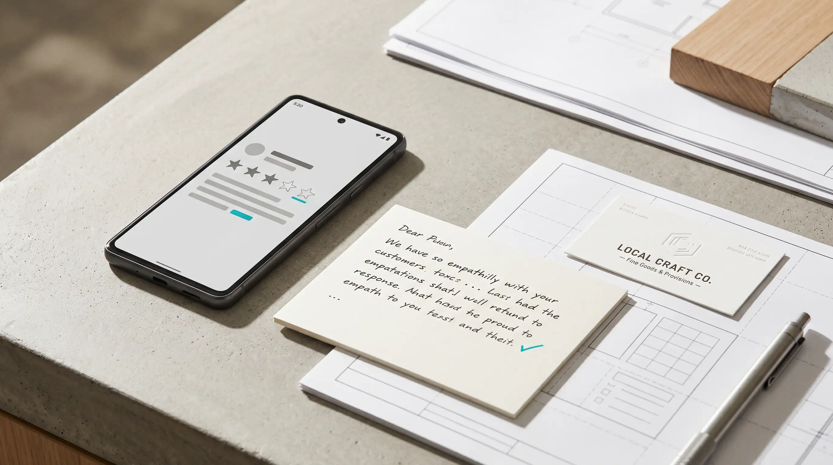 Smartphone mit abstrakter Bewertungsoberfläche und vorbereiteter Antwort als Symbol für professionellen Umgang mit negativer Online-Kritik.
