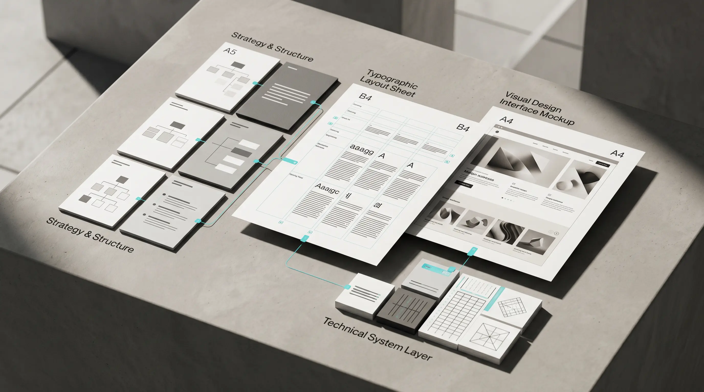 Strategie, Struktur, Design und Technik als verbundene Elemente eines durchdachten Webdesign-Prozesses.
