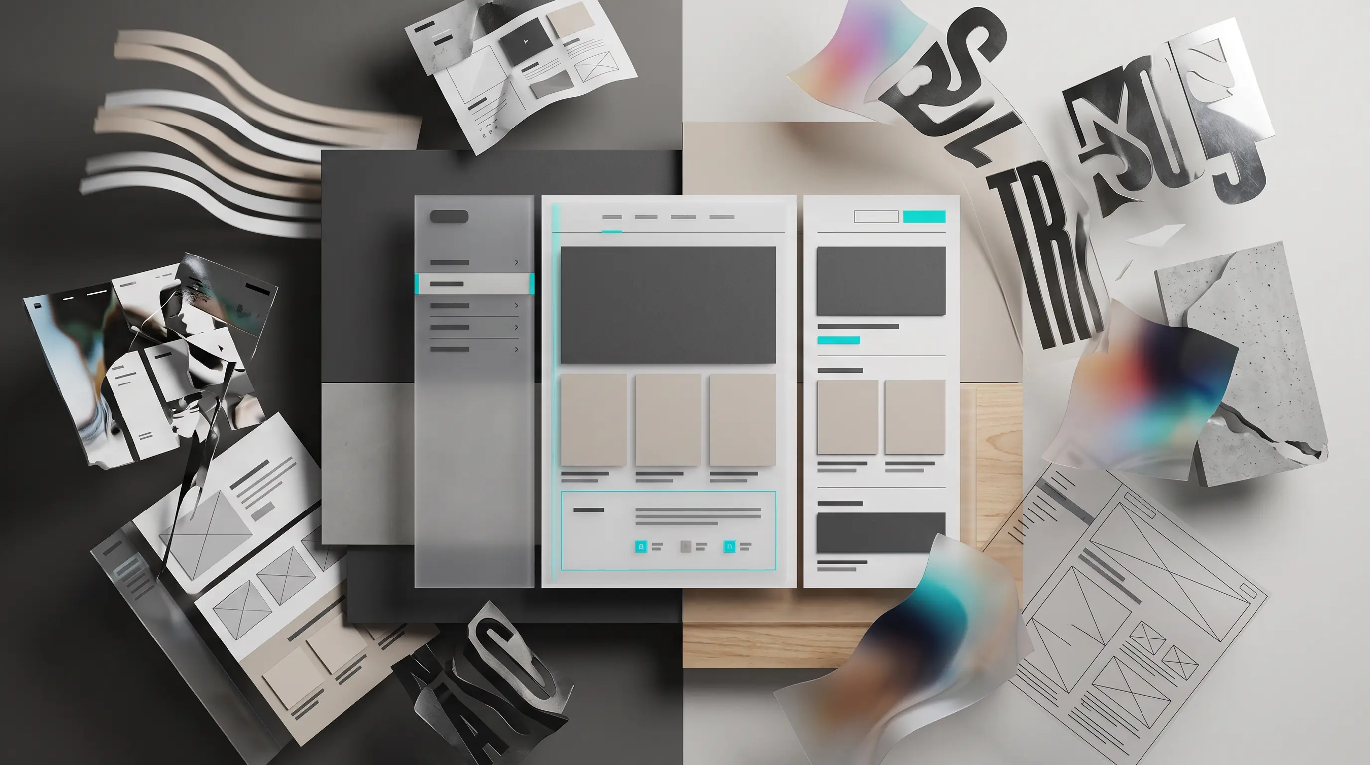 Design-Elemente und Website-Layout als visuelle Gegenüberstellung von Webdesign-Trends und klarer Gestaltung.