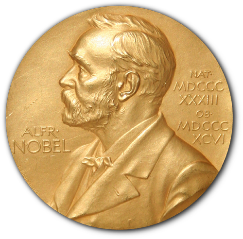 Gold Nobel Prize medal with Alfred Nobel's profile and Roman numerals on the right side.