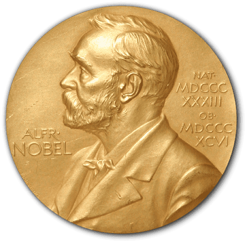 Golden Nobel Prize medal featuring profile of Alfred Nobel with inscriptions.