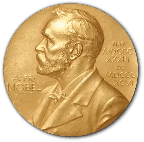 Gold Nobel Prize medal with Alfred Nobel's profile and Roman numerals on the right side.
