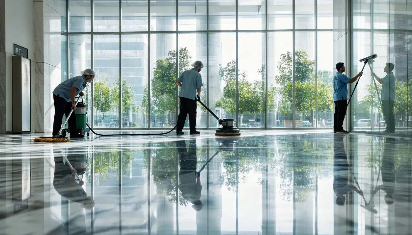 Three workers cleaning a large glass-walled lobby with floor polisher and window squeegee.