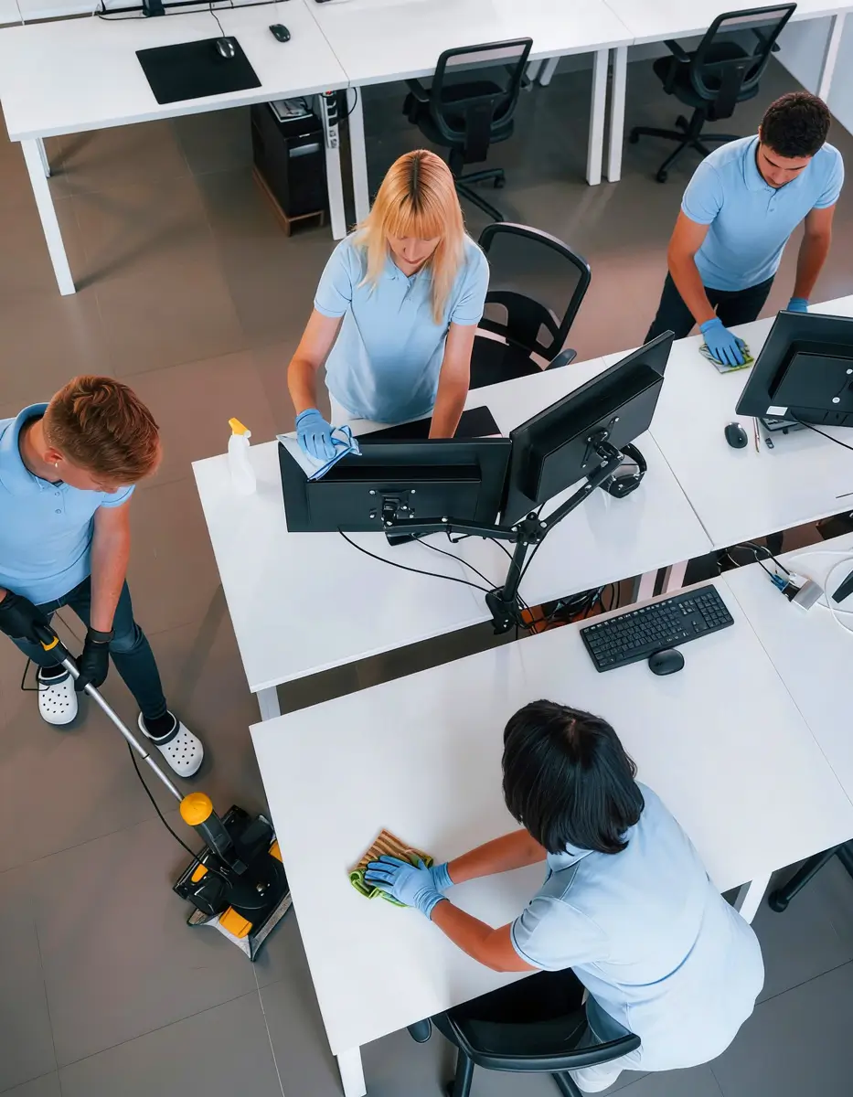 Four office workers in blue shirts cleaning desks, monitors, and floor with gloves and cleaning tools.
