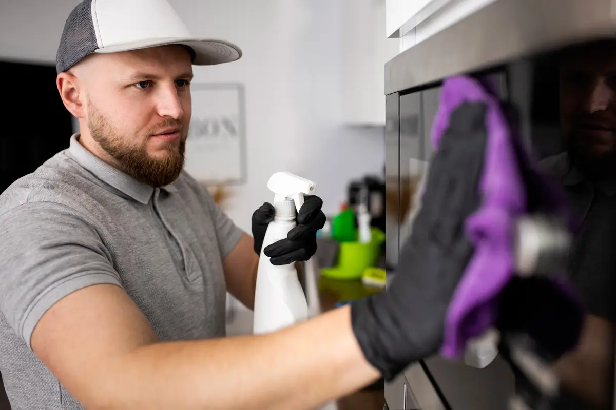 Man wearing black gloves cleaning a black oven door with a purple cloth and spray bottle
