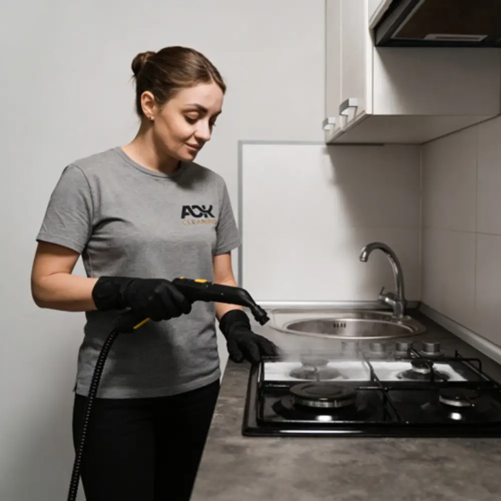 A OK Cleaning technician steam cleaning a kitchen stovetop in a Sydney property