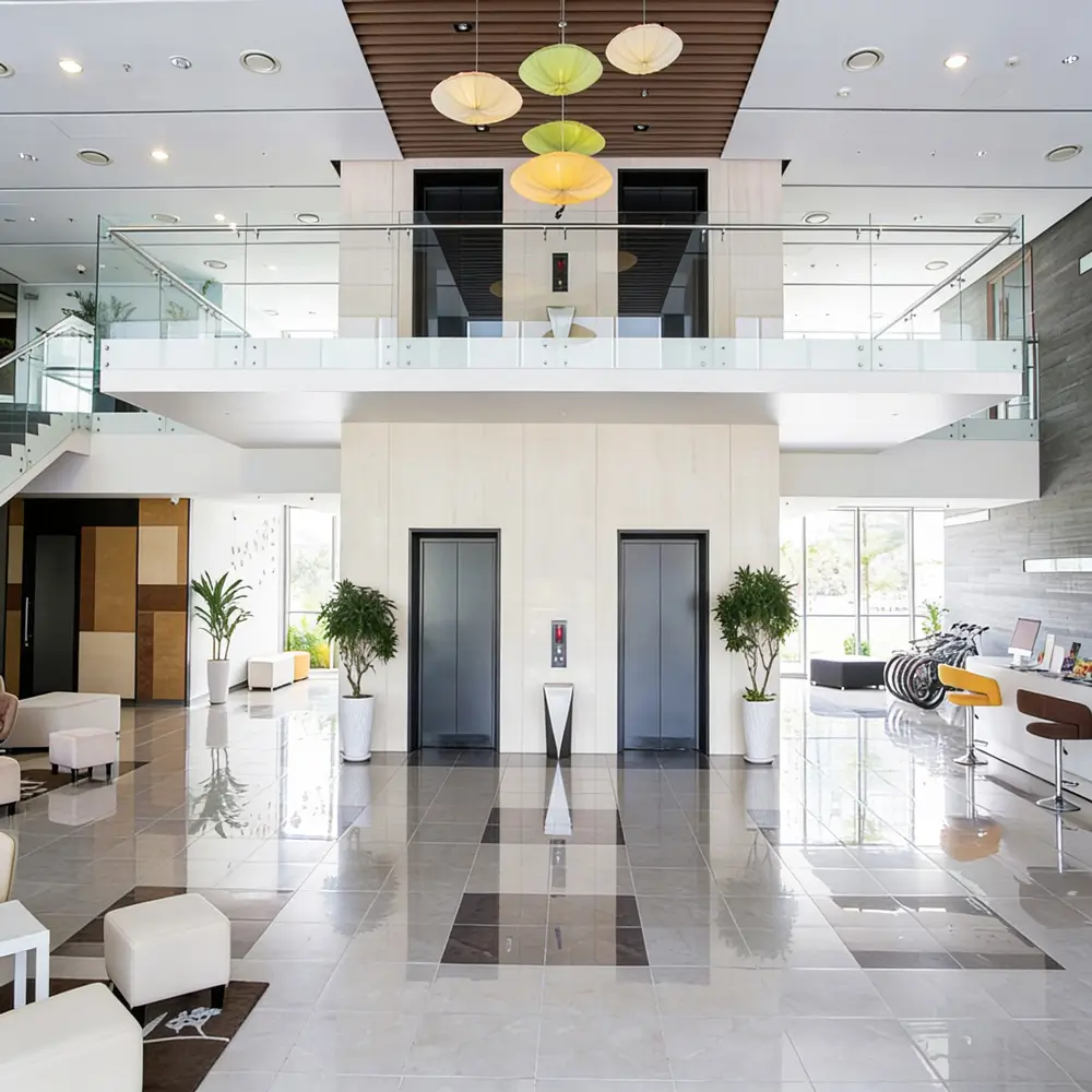 Clean and well maintained strata building lobby with polished floors serviced by A OK Cleaning Sydney