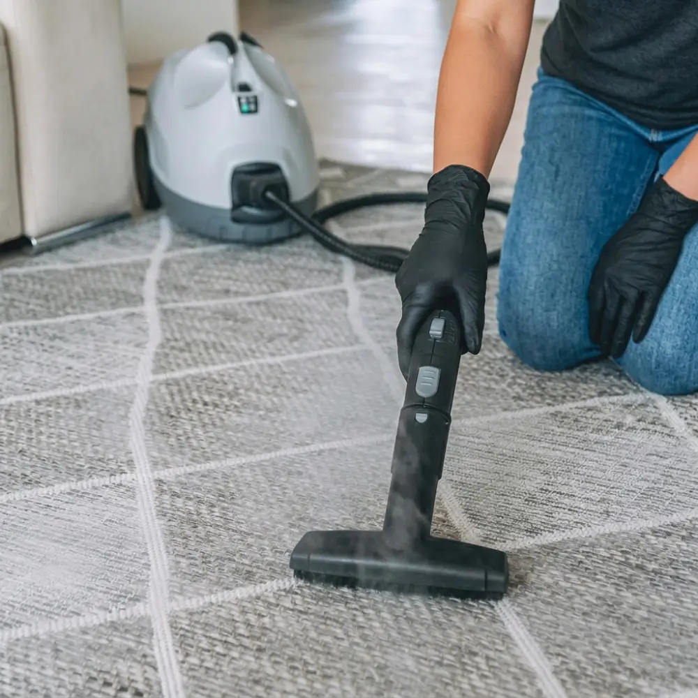 A OK Cleaning technician using a steam cleaner on a carpet in a Sydney home