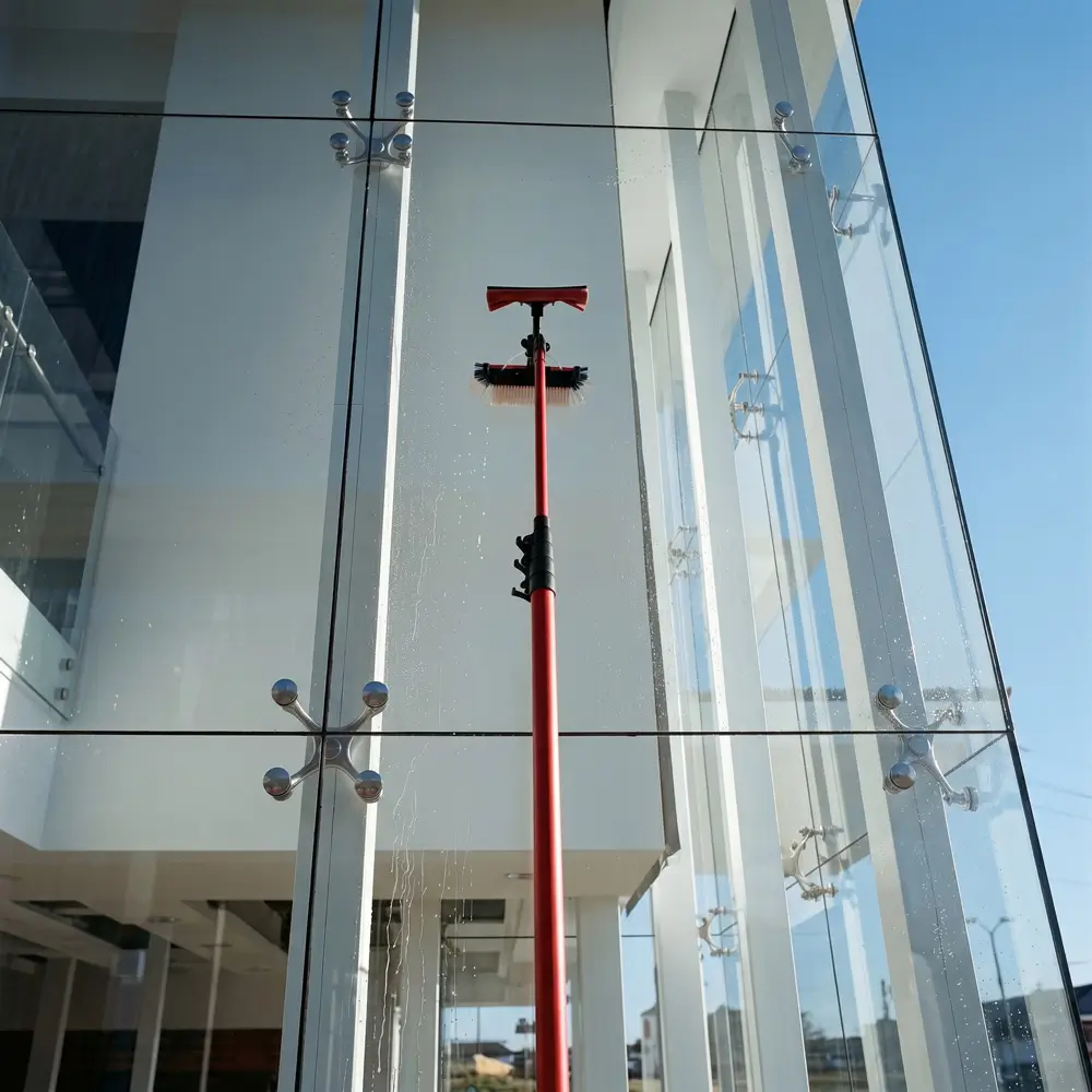 Professional window cleaning with an extension pole on a large commercial glass building facade in Sydney