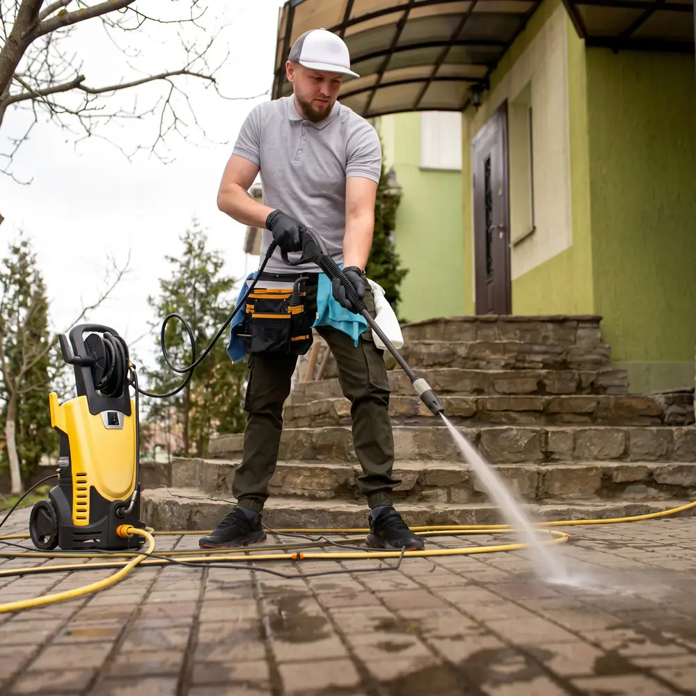 A OK Cleaning team member using a high pressure washer to clean a paved driveway at a Sydney property