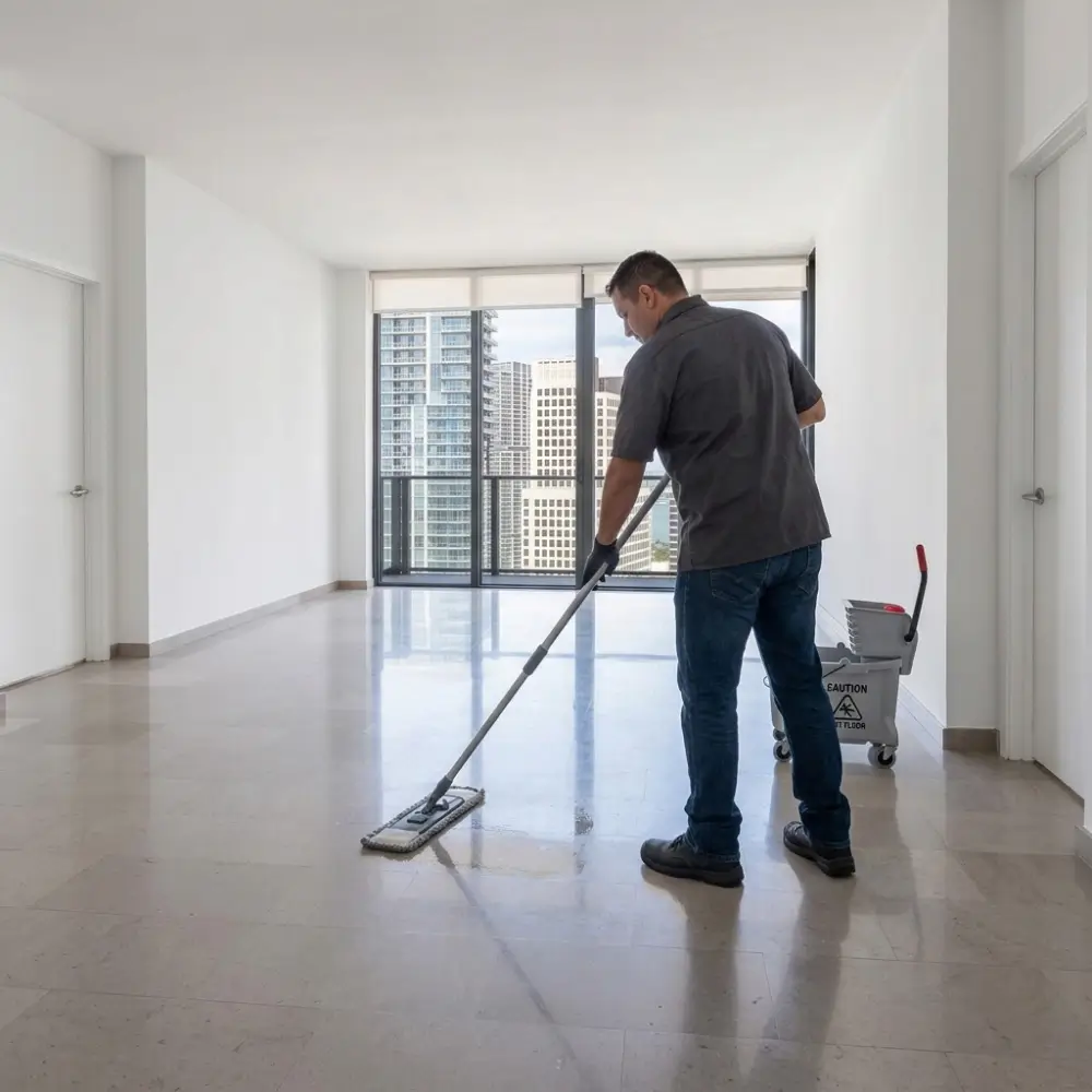 A OK Cleaning team member mopping floors in an empty Sydney apartment during an end of lease clean