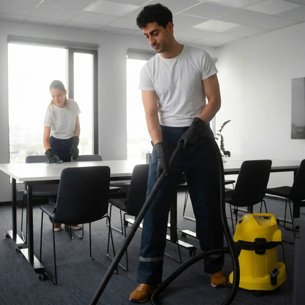 A OK Cleaning team vacuuming office carpet and wiping down a boardroom table during a commercial clean in Sydney