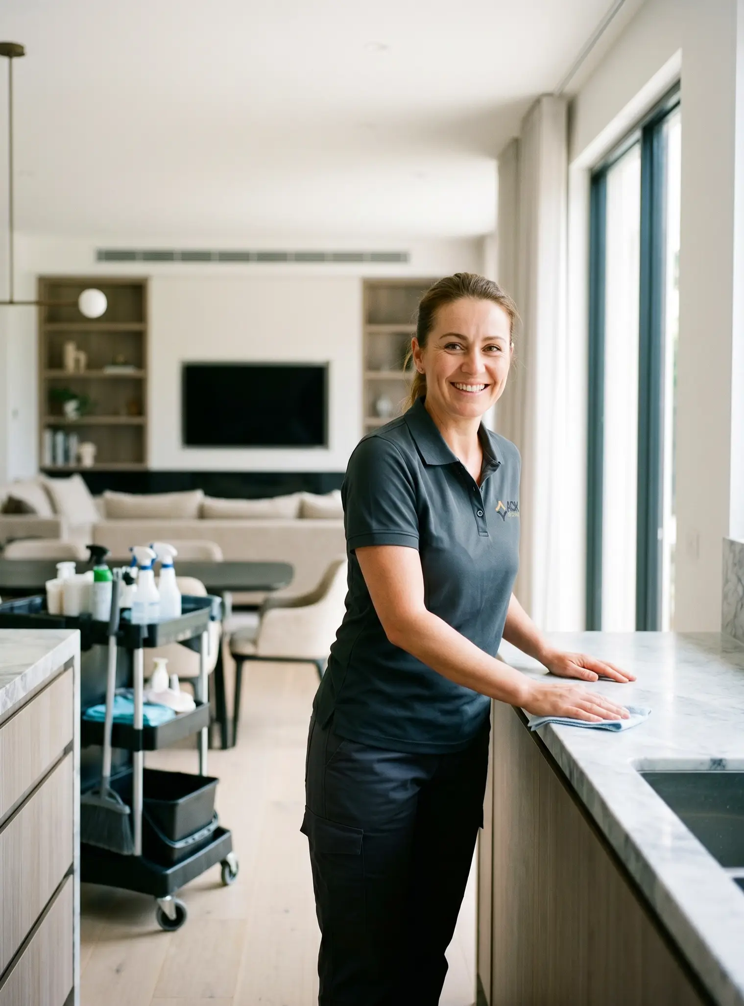 A OK Cleaning professional cleaner wiping down a kitchen benchtop in a modern Sydney home