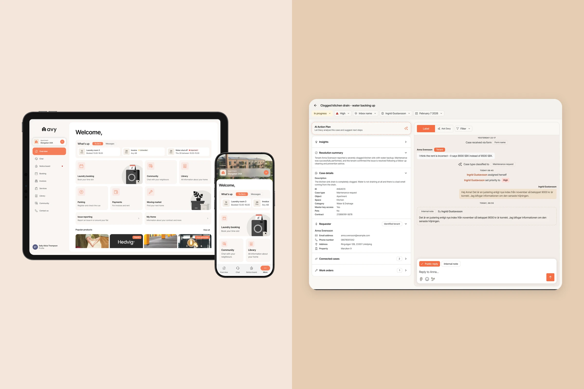 Split view of the Avy platform: the tenant app on tablet and mobile on the left, and the property manager's case view with an AI-classified maintenance request on the right.