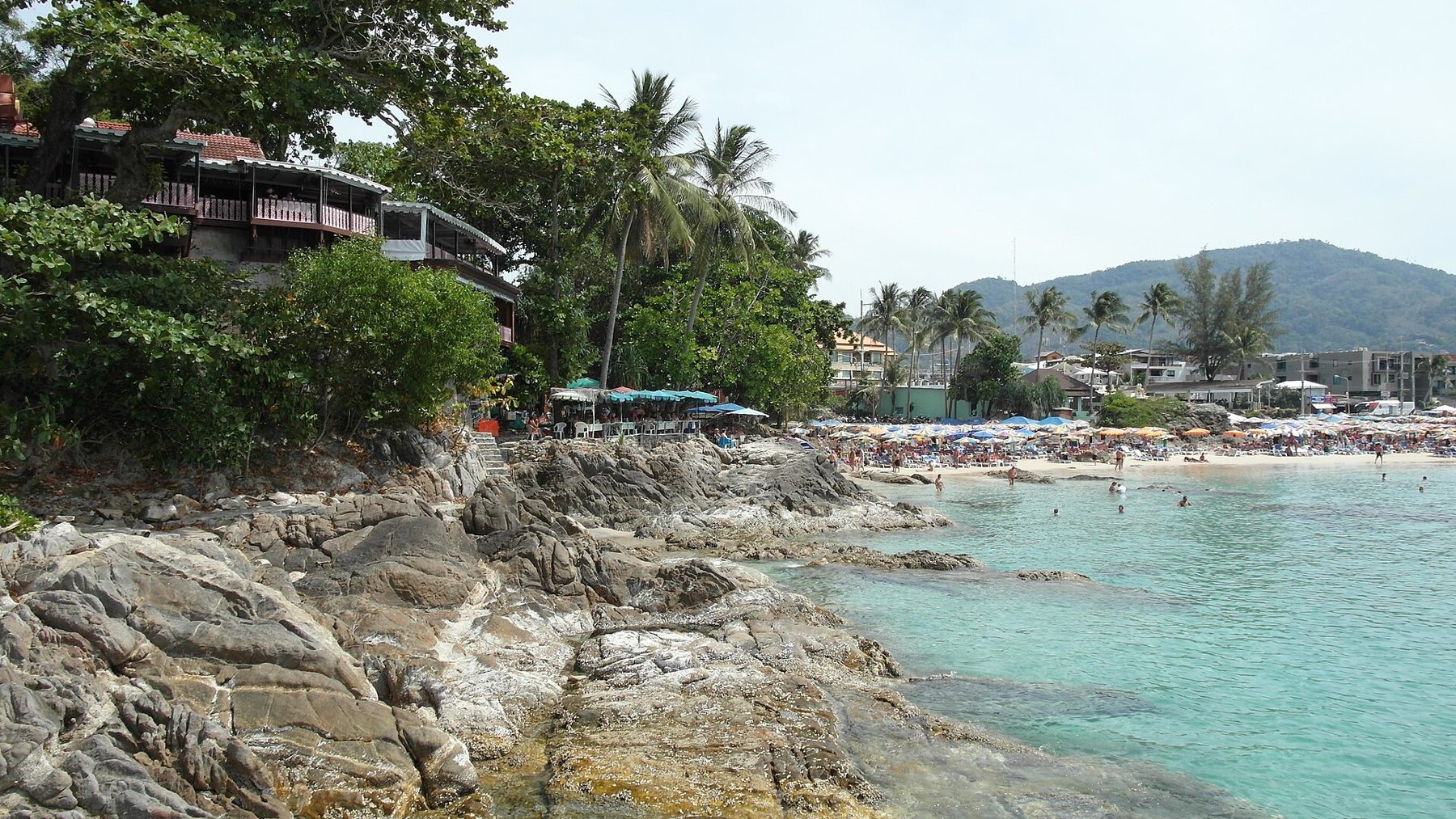 Patong beach in Phuket, with hillside villas and hotels