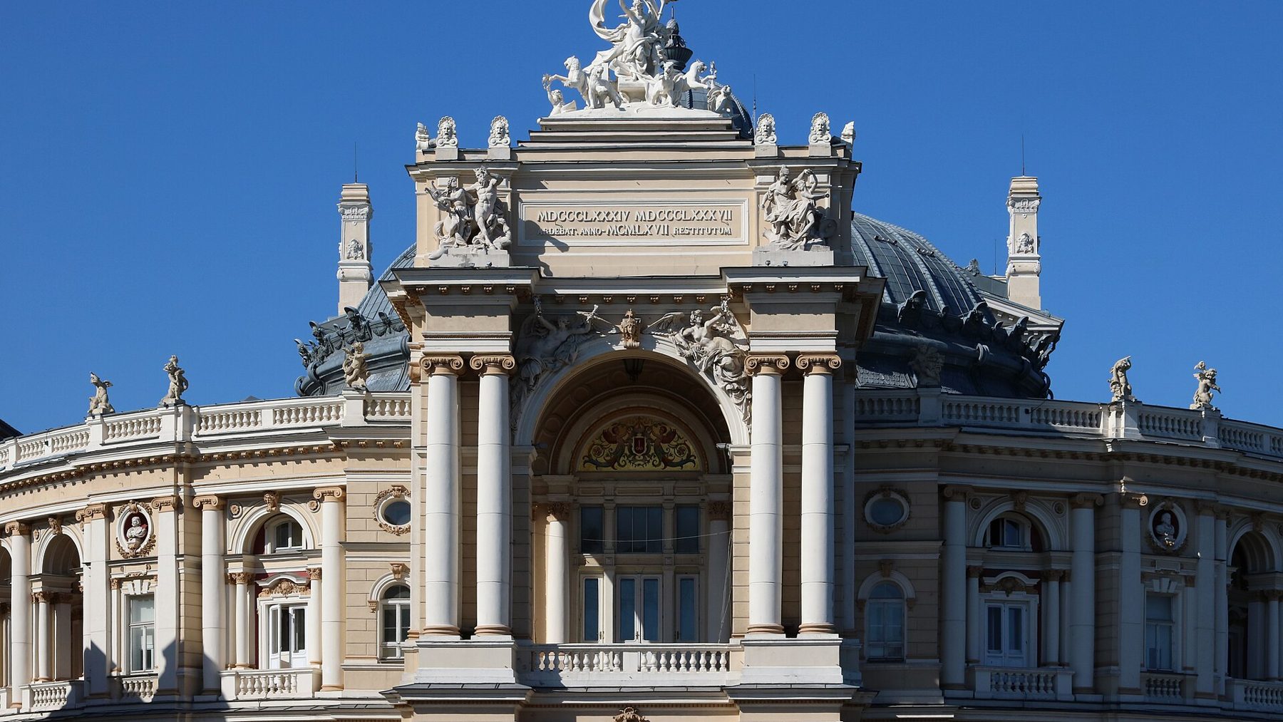 The neoclassical facade of the Odesa Opera House