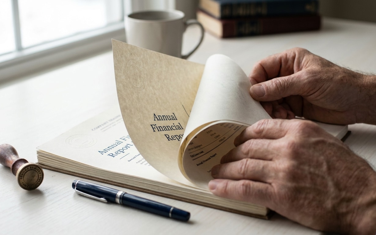 Close-up of hands flipping pages of a thick annual financial report booklet on a white desk near a blue pen and a wooden stamp, with a gray coffee mug and stacked books blurred in the background by a window.