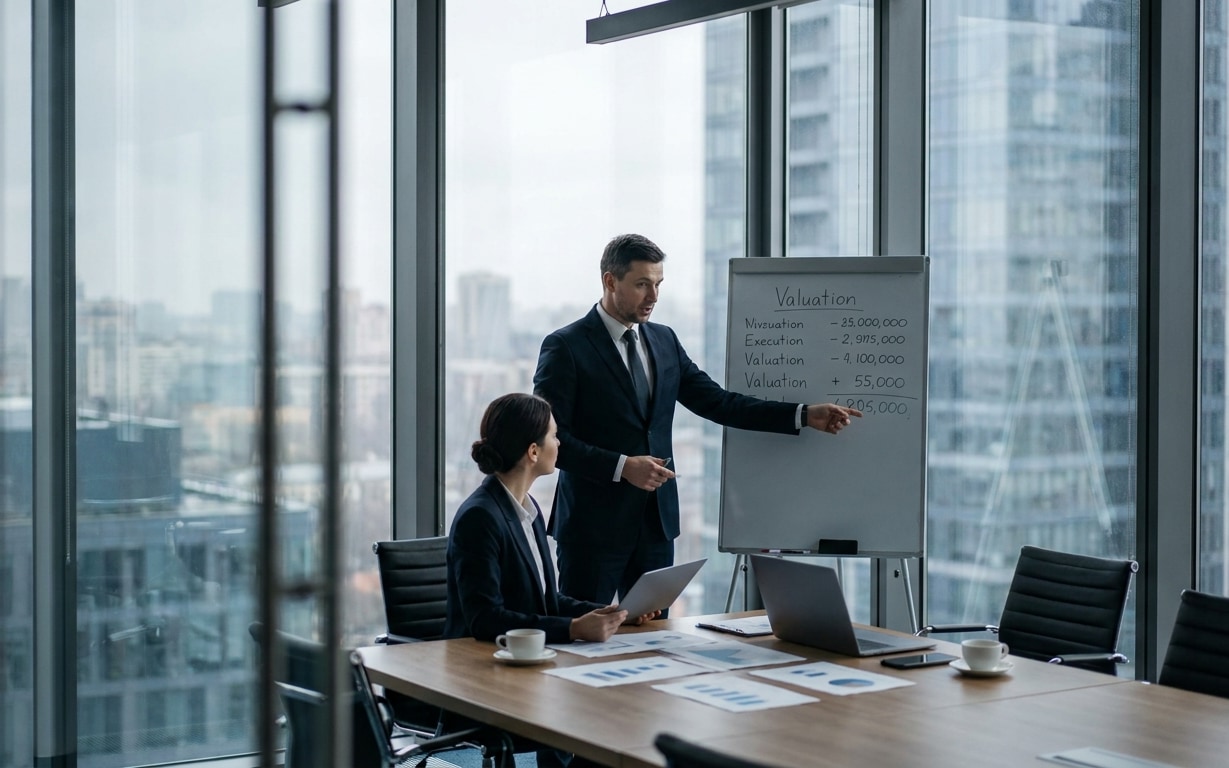 Businessman in a suit standing and pointing at a flip chart with valuation figures during a meeting, while a businesswoman seated at a table with documents and a laptop listens attentively in a modern office with large windows overlooking a cityscape.