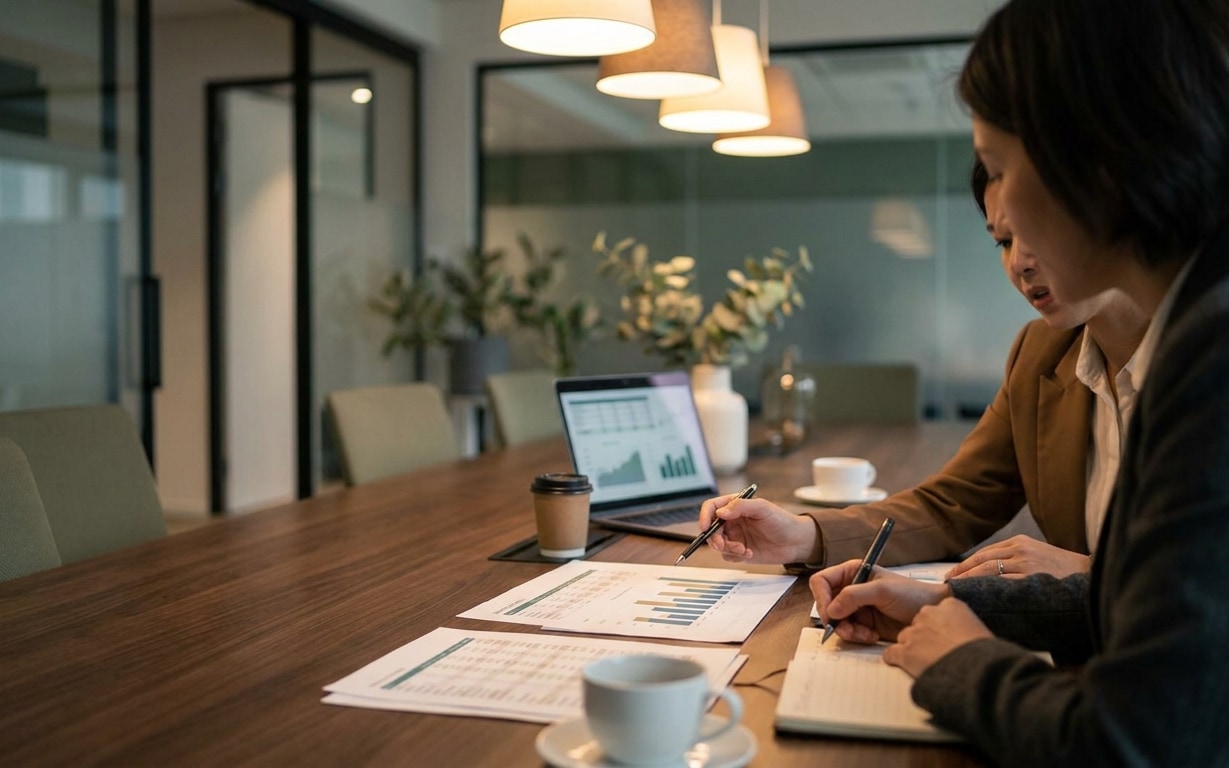 Two business professionals sitting at a long wooden conference table reviewing printed financial charts and notes, with a laptop displaying graphs and paper coffee cups nearby in a modern meeting room.
