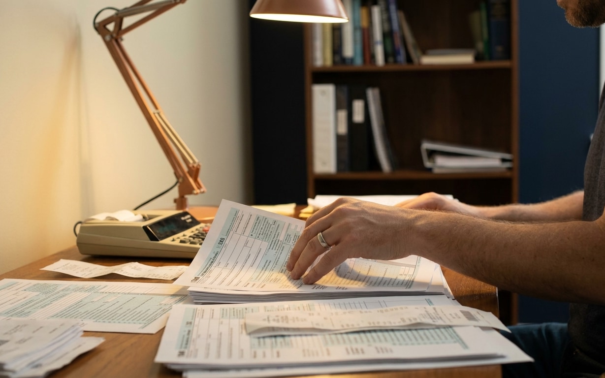 Person organizing tax forms and documents on a wooden desk illuminated by a desk lamp, with a calculator and bookshelves in the background.
