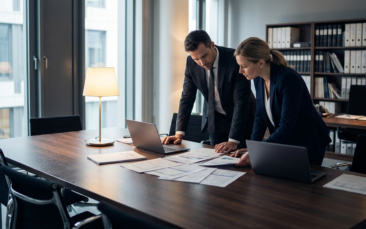 Two business professionals, a man and a woman, in formal attire, reviewing documents spread on a large wooden conference table with laptops, in a modern office with large windows and shelves of binders in the background.