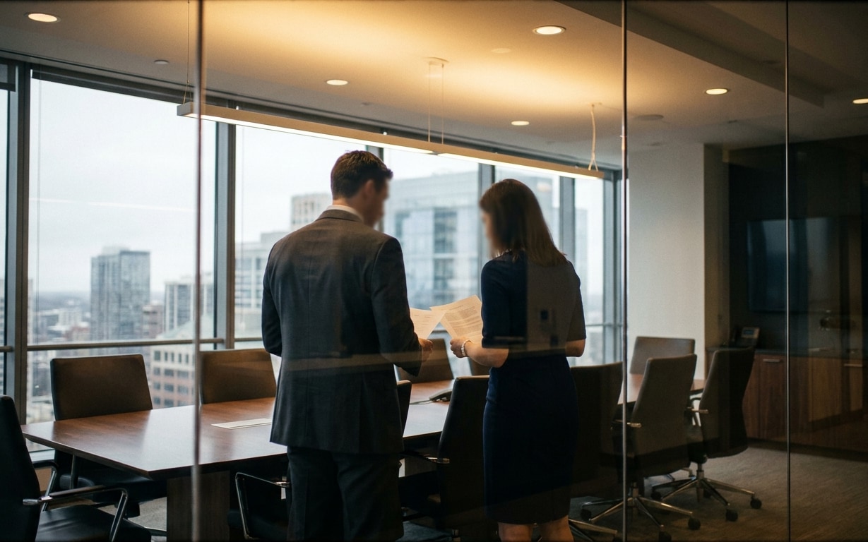 Two business professionals, a man in a suit and a woman in a dark dress, stand inside a modern glass-walled conference room reviewing documents, with a cityscape visible through large windows.