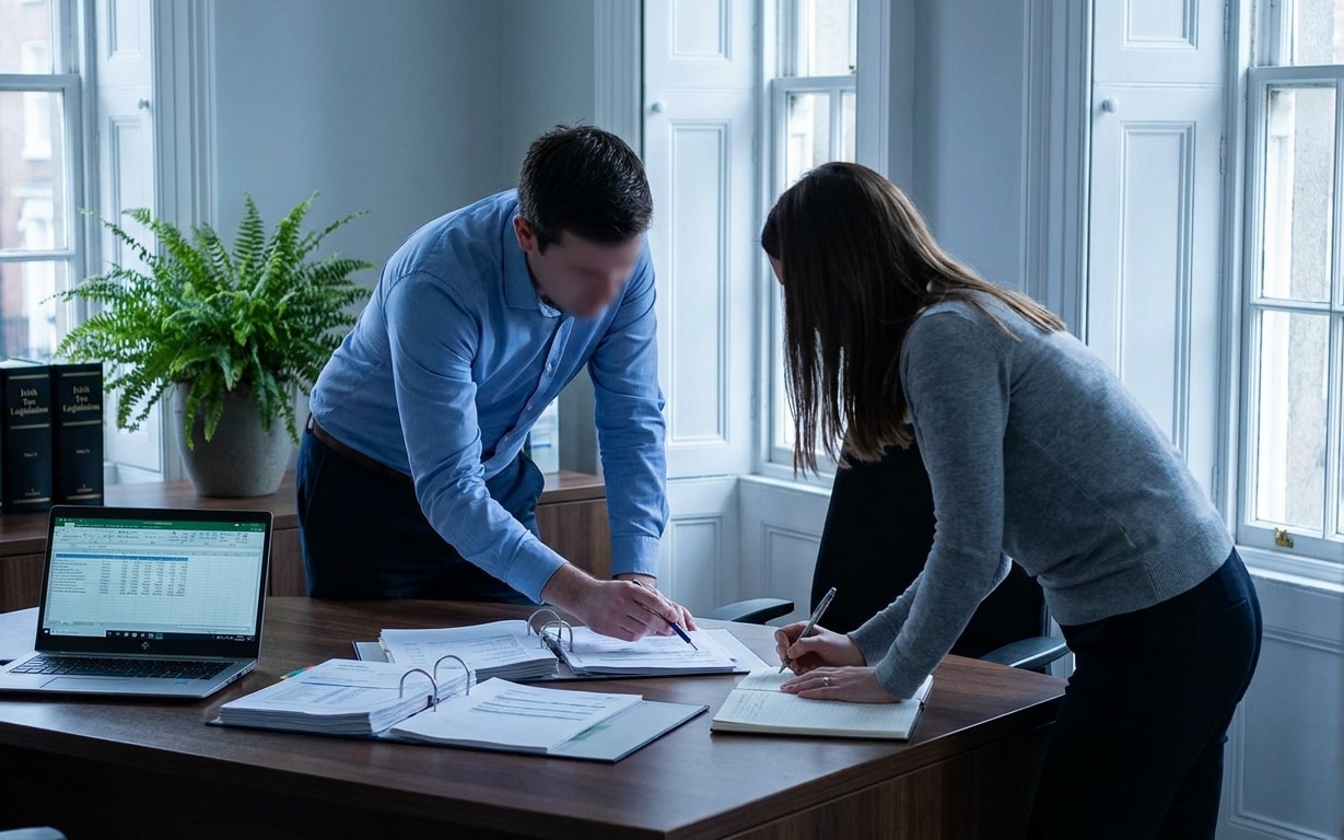 A man in a blue shirt and a woman in a gray sweater lean over a wooden desk with open binders and papers, with the man pointing at a document and the woman writing in a notebook, in a well-lit office with large windows and a green potted plant in the background.