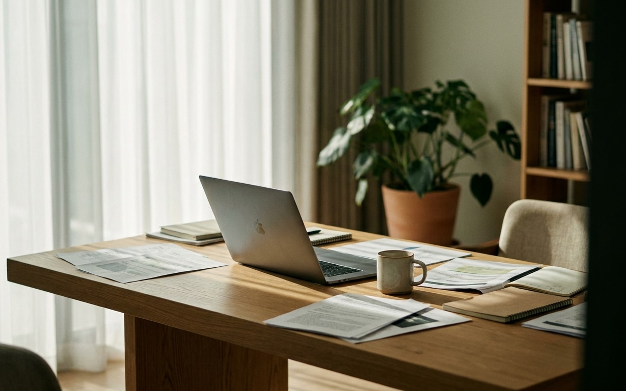 Wooden desk with an open laptop, scattered documents, notebooks, a coffee mug, and a chair beside it, next to a large window with sheer curtains and a potted plant in the background.