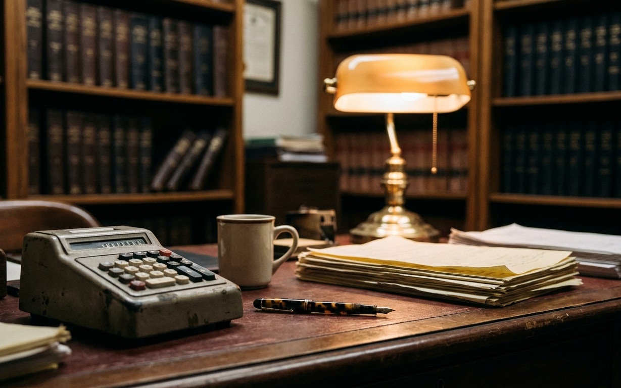Old wooden desk with a vintage calculator, a white ceramic mug, a fountain pen, stacks of papers, and a brass desk lamp, set against bookshelves filled with leather-bound books.